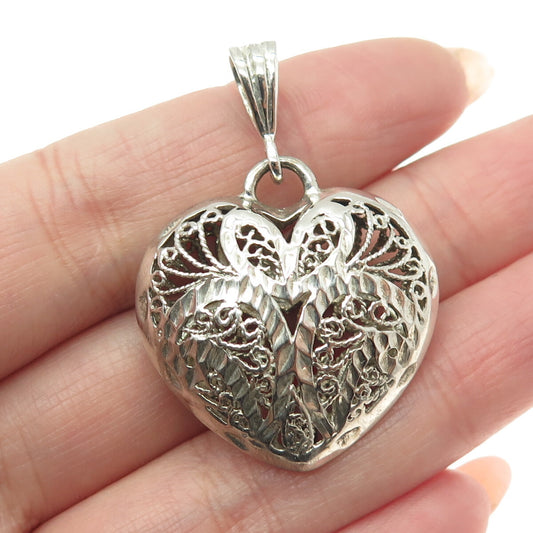BEAU 925 Sterling Silver Vintage Diamond-Cut Filigree Heart Pendant