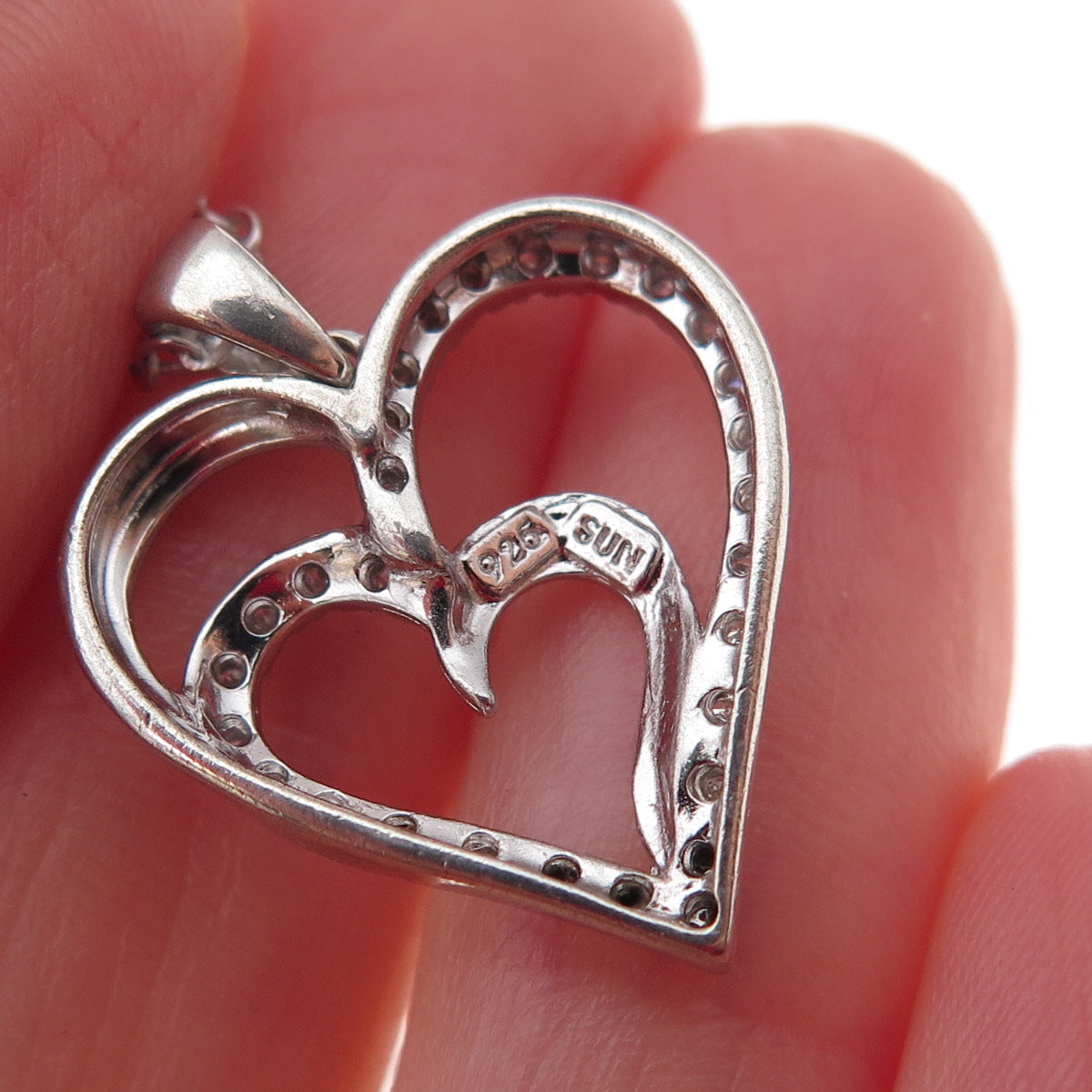 Sun 925 Sterling Silver Real Round-Cut Diamond Double Heart Chain Necklace 18"