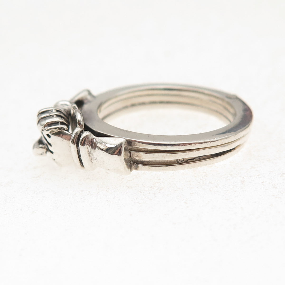 925 Sterling Silver Vintage Mexico Irish Claddagh Oxidized Folding Ring Size 6