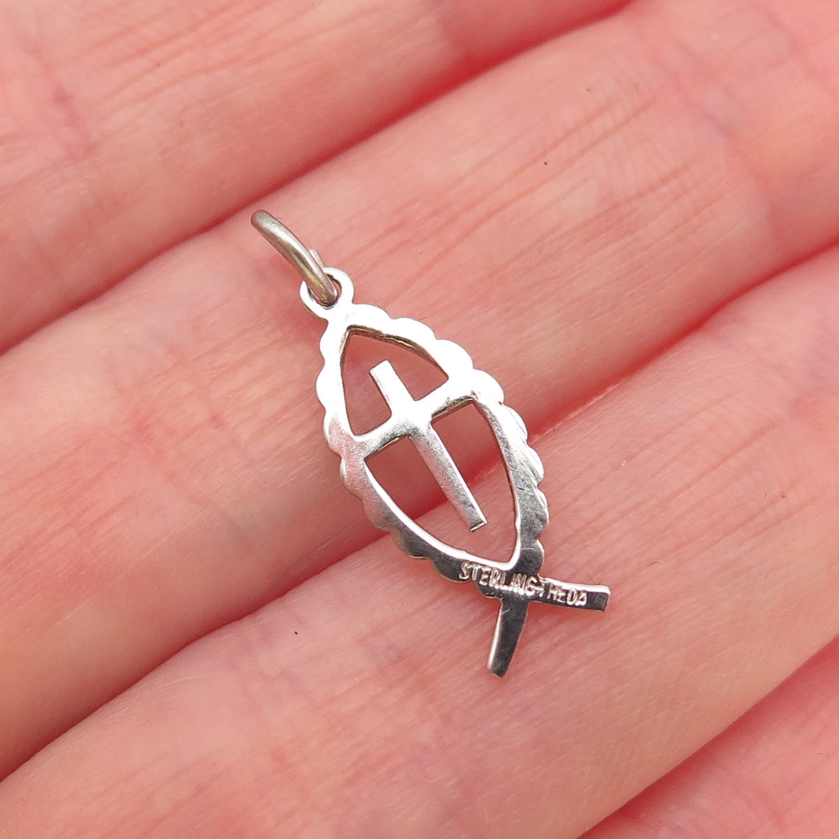 THEDA 925 Sterling Silver Vintage Ichthys Cross Religious Mini Charm Pendant