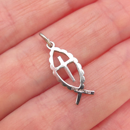 THEDA 925 Sterling Silver Vintage Ichthys Cross Religious Mini Charm Pendant
