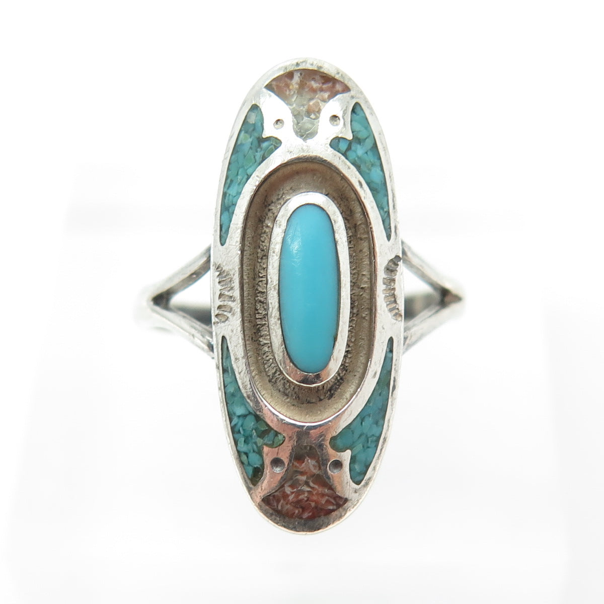 Old Pawn Sterling Silver Southwestern Turquoise Coral Inlay Ring Size 7.75