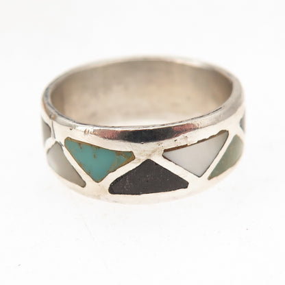 Old Pawn 925 Sterling Silver Vintage Turquoise Black Onyx MOP Tribal Ring Size 7
