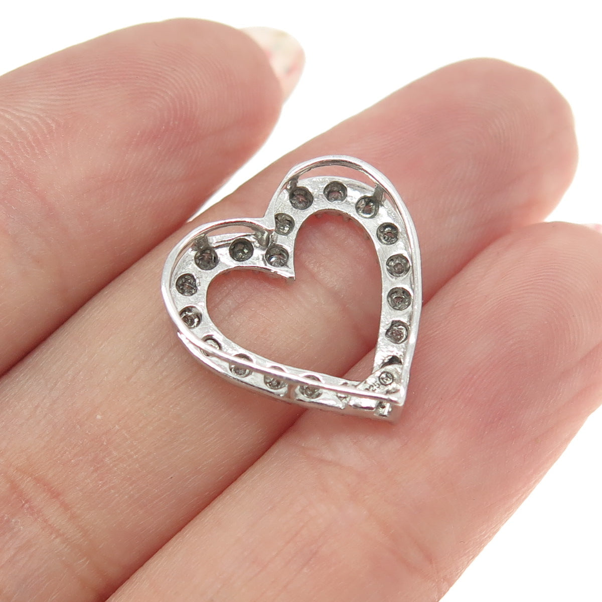 925 Sterling Silver Real Round-Cut Diamond Open Heart Slide Pendant