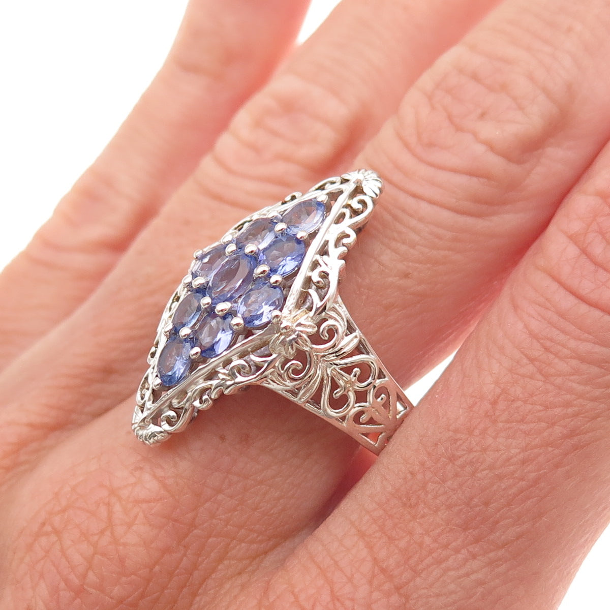 Chuck Clemency 925 Sterling Silver Real Tanzanite Floral Ring Size 8.25