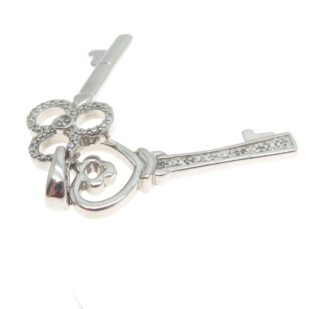 925 Sterling Silver Real Round-Cut Diamond Couple of Key Pendant