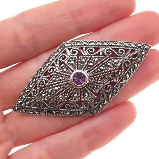 925 Sterling Silver Vintage Real Amethyst & Marcasite Oxidized Pin Brooch