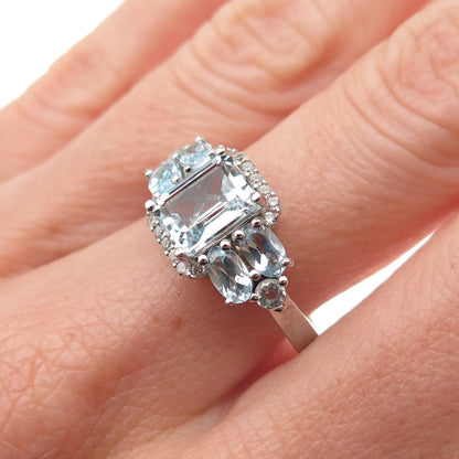 925 Sterling Silver Real Aquamarine Blue & White Topaz Ring Size 7.75