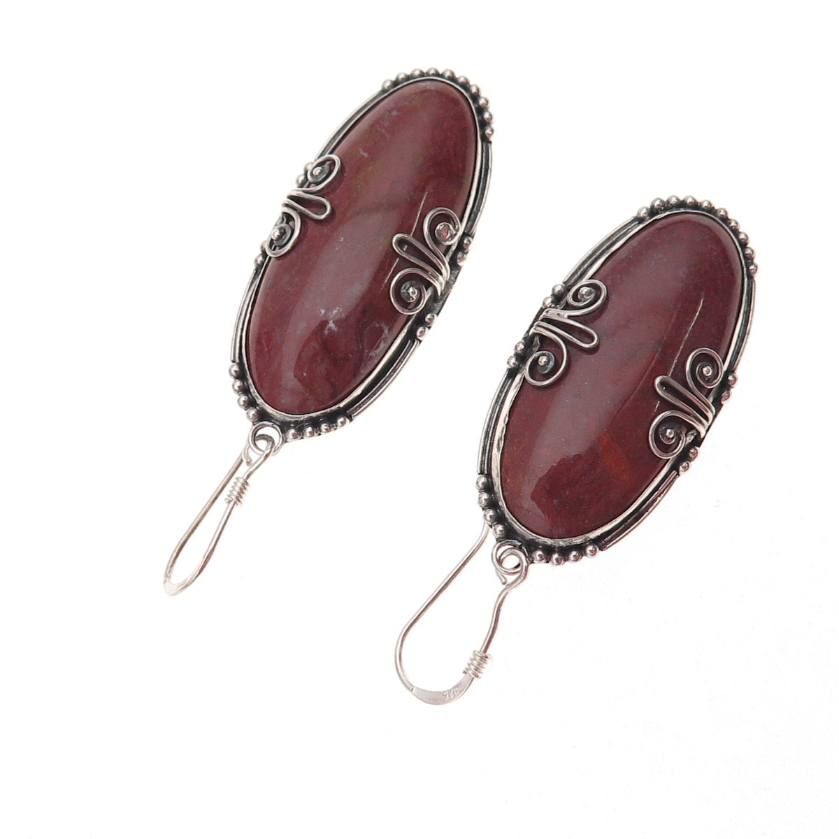 925 Sterling Silver Vintage Real Red Jasper Floral Oxidized Dangle Earrings