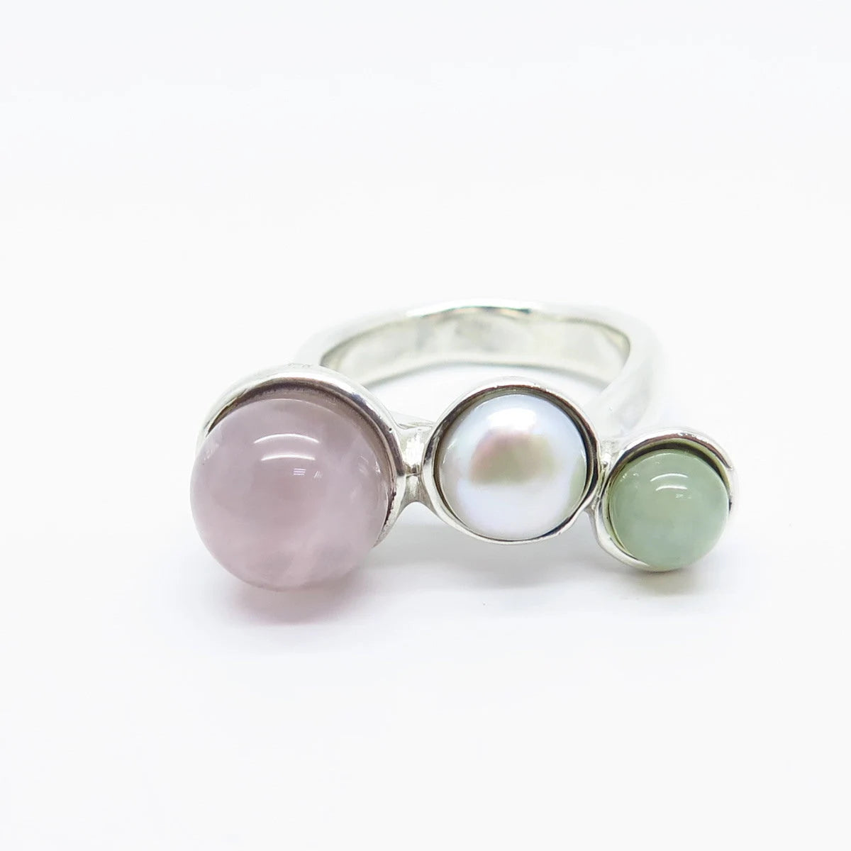 925 Sterling Silver Vintage Real Pearl & Rose Green Quartz Ring Size 7.5