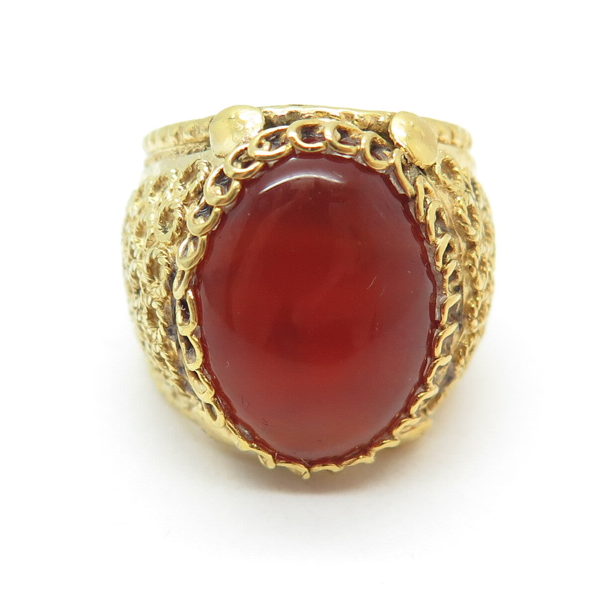 925 Sterling Silver Gold Plated Vintage Real Agate Circle Pattern Ring Size 5.25