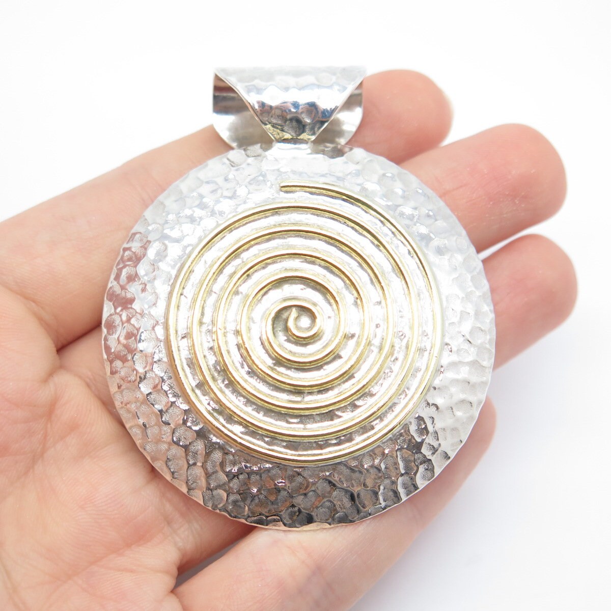 925 Sterling Silver 2-Tone Vintage Mexico Hammered Swirl Round Pendant