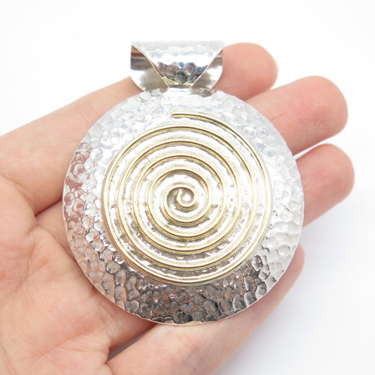 925 Sterling Silver 2-Tone Vintage Mexico Hammered Swirl Round Pendant
