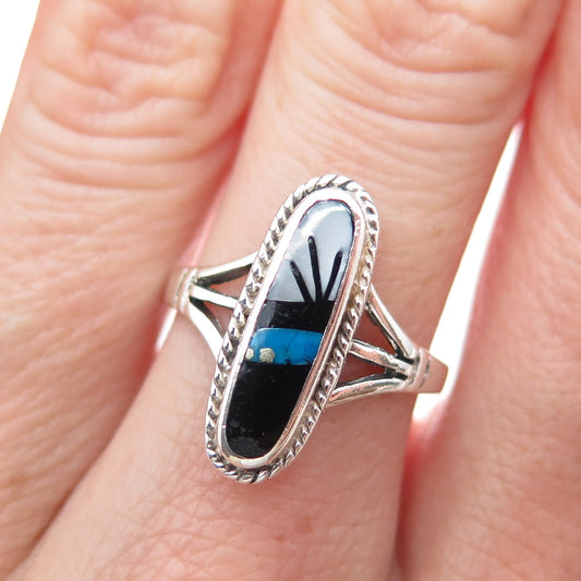925 Sterling Silver Vintage Southwestern Turquoise Black Onyx MOP Ring Size 6.75