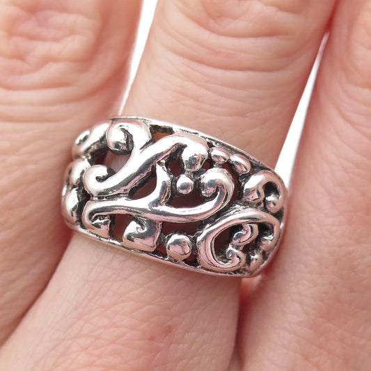 925 Sterling Silver Vintage Ornate Floral Oxidized Ring Size 7