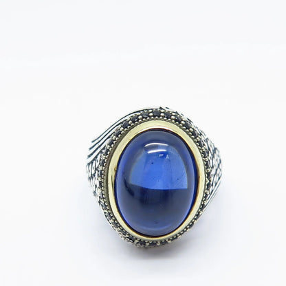 925 Sterling Silver 2-Tone Vintage Melanite Gem & Blue Glass Ring Size 10.25