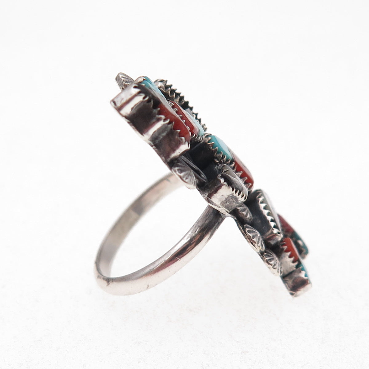 Old Pawn 925 Sterling Vintage Multi-Gem Kachina Ring Size 6.25 (missing stone)
