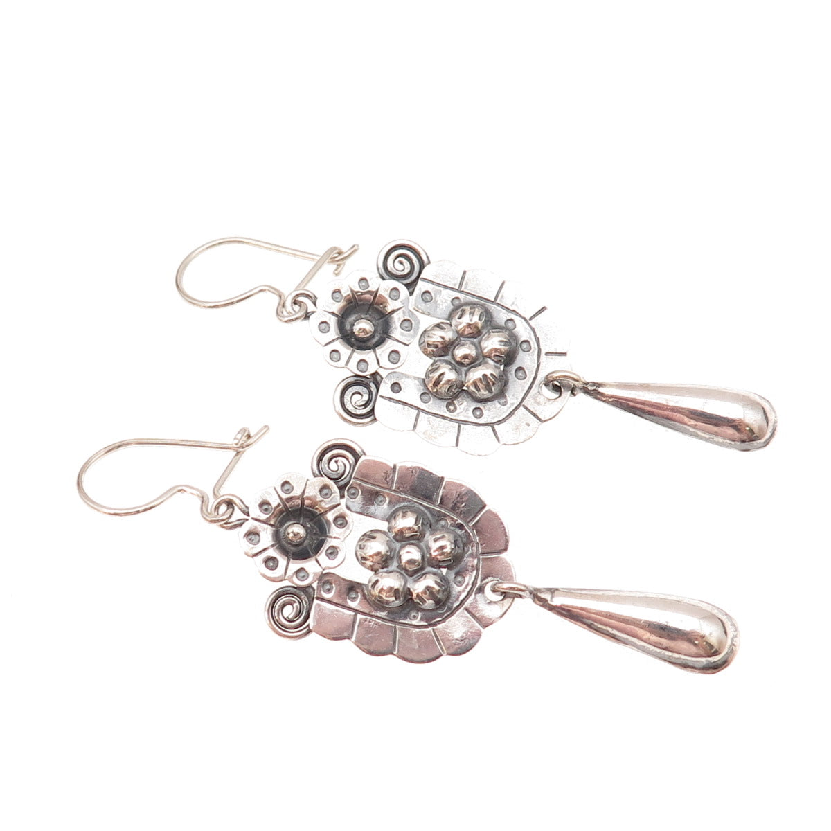 925 Sterling Silver Vintage Floral Oxidized Dangle Earrings