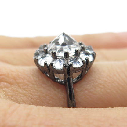 925 Sterling Silver Black Rhodium Real White Topaz Gem Cluster Ring Size 7.25