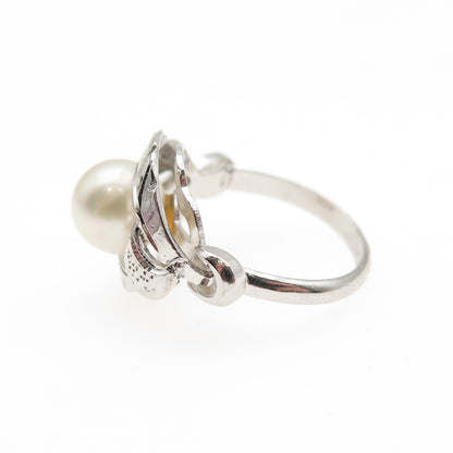 925 Sterling Silver Antique Art Deco Real Pearl Textured Ring Size 4