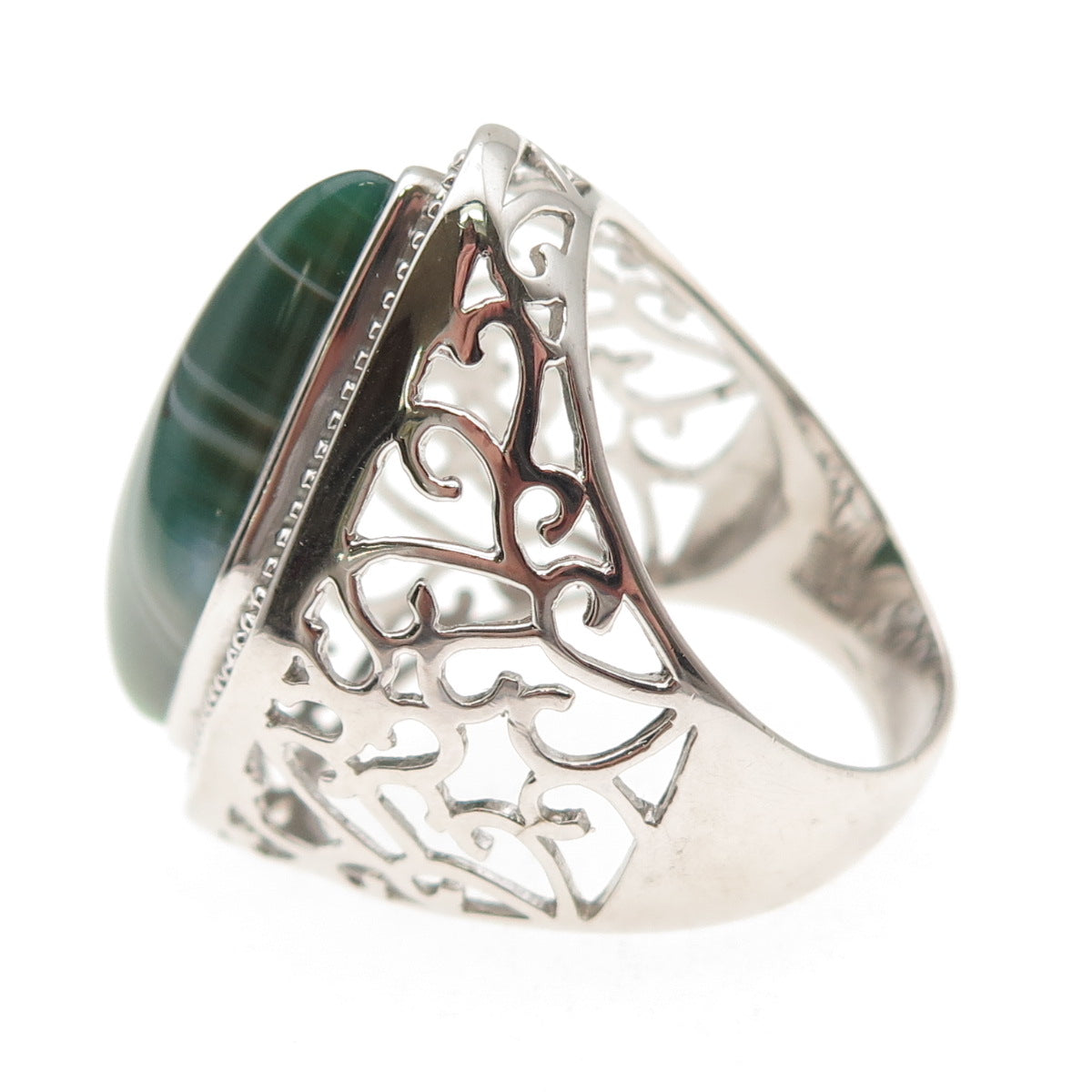 Ken Crafts 925 Sterling Silver Real Green Agate Floral Scroll Ring Size 9.75