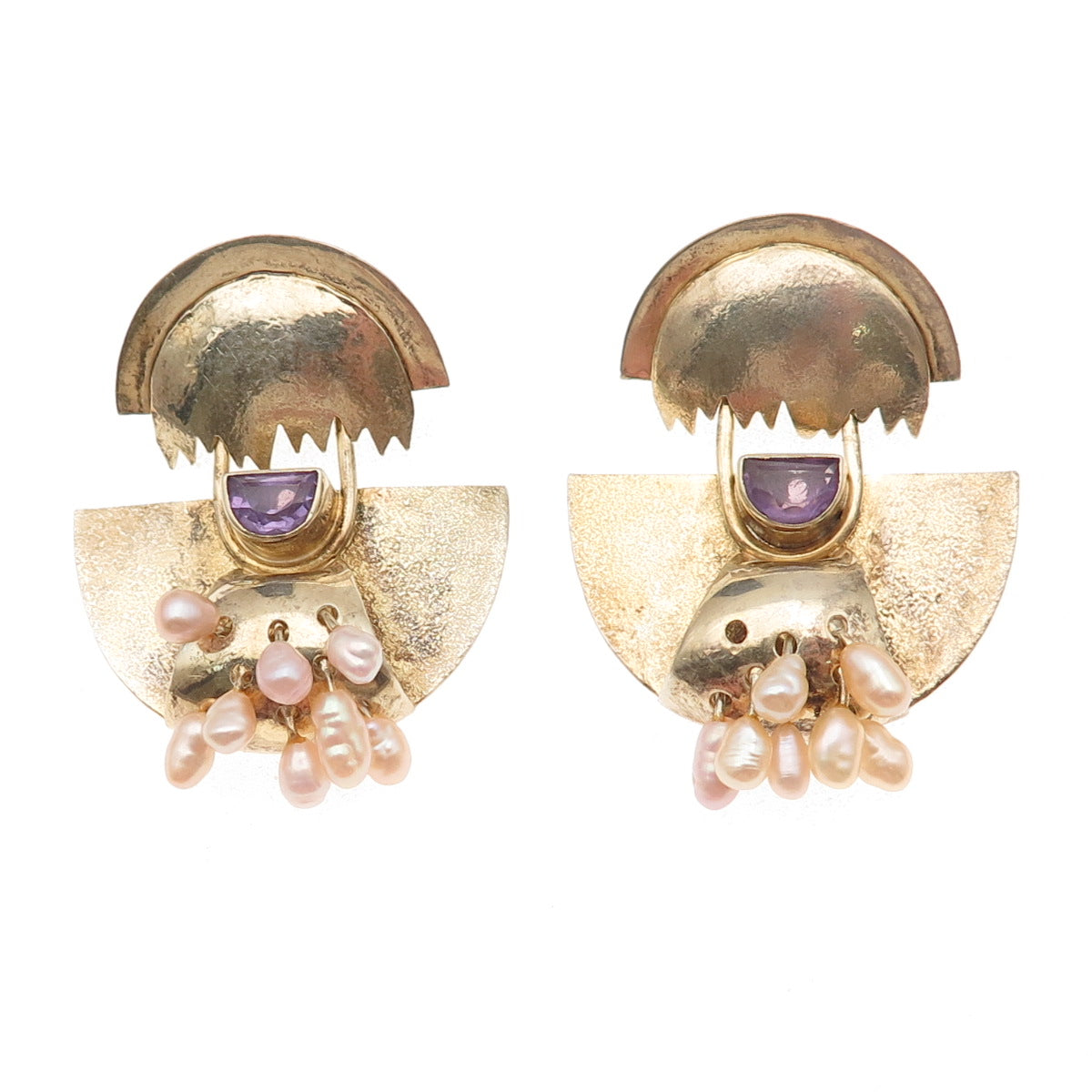925 Sterling GP Vintage Real Amethyst & Pearl Modernist Earrings (missing pearl)