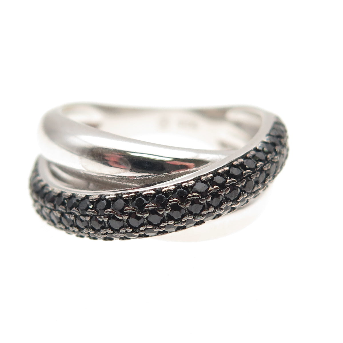 925 Sterling Silver Real Round-Cut Black Spinel Crisscross Ring Size 6.25