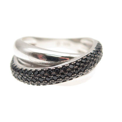 925 Sterling Silver Real Round-Cut Black Spinel Crisscross Ring Size 6.25