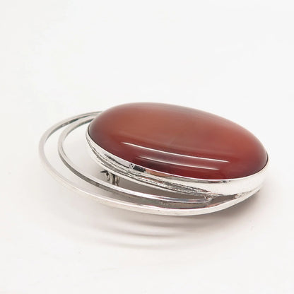 925 Sterling Silver Vintage Israel Real Red Agate Gemstone Pin Brooch / Pendant