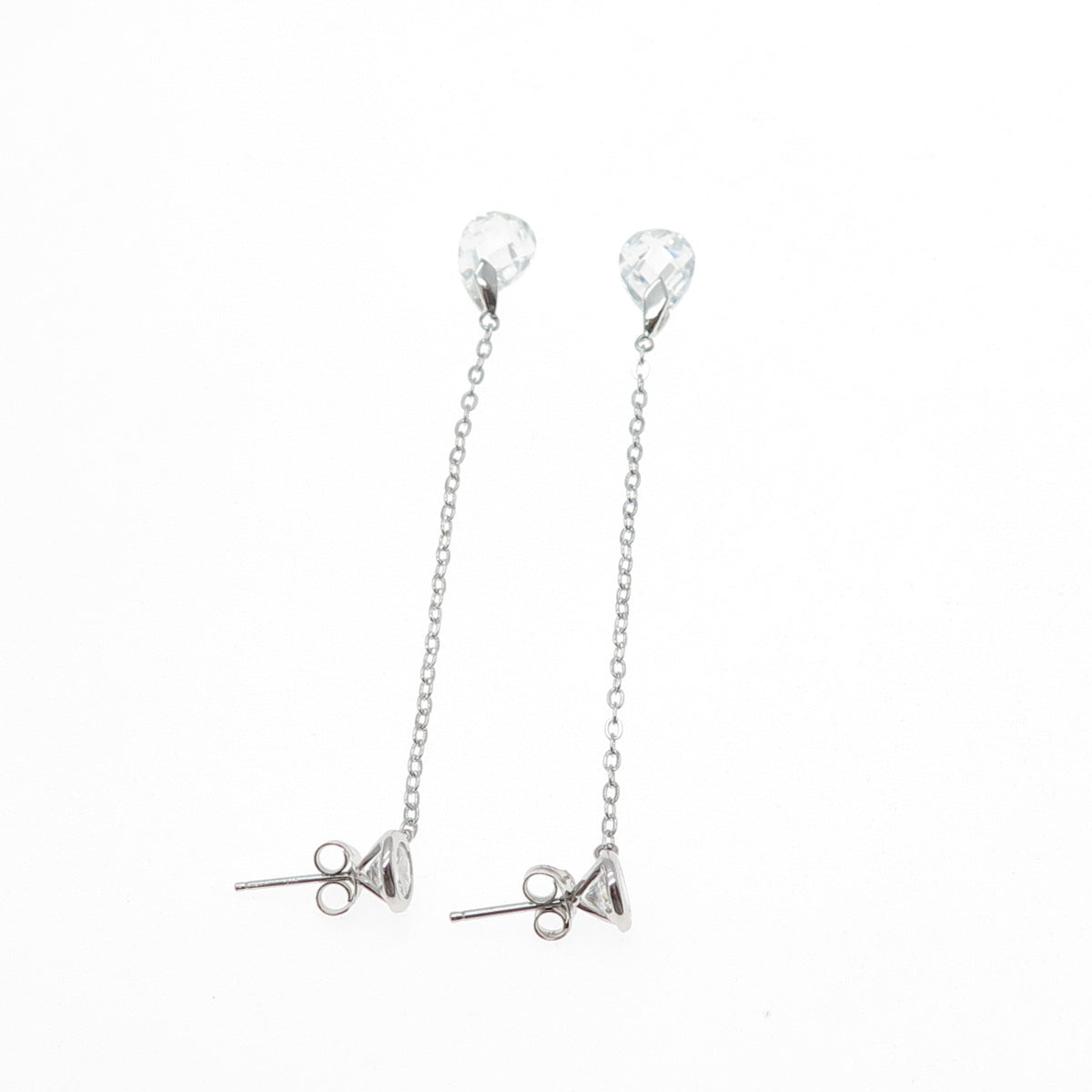 925 Sterling Silver Round & Pear-Cut C Z Chain Drop Dangle Earrings