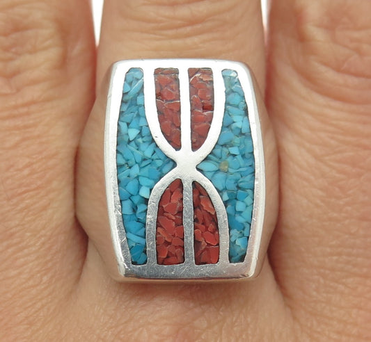 Old Pawn 925 Sterling Vintage Coral Turquoise Hourglass Dome Ring Size 11.25