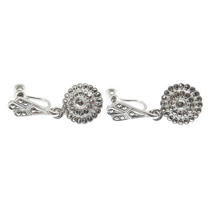 925 Sterling Silver Antique Art Deco Real Marcasite Dangling Screw Back Earrings