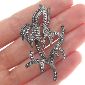 925 Sterling Silver Antique 1955 SGW Birmingham Marcasite Flower Oxidized Brooch
