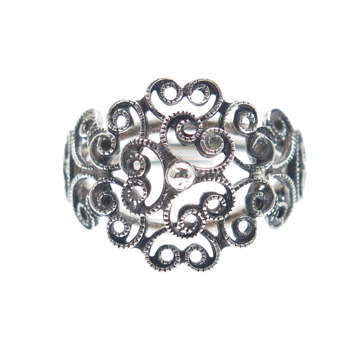 BEAU 925 Sterling Silver Vintage Filigree Flower Adjustable Ring Size 6.75
