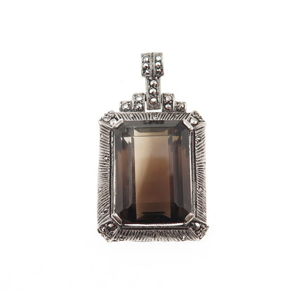 925 Sterling Silver Antique Art Deco Real Smoky Quartz & Marcasite Charm Pendant