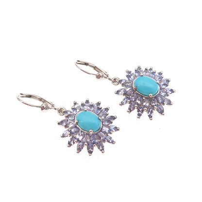 D'Joy Sterling Silver Real Sleeping Beauty Turquoise & Tanzanite Dangle Earrings