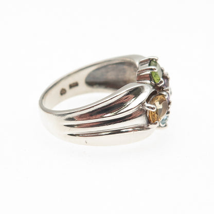 925 Sterling Silver Vintage Real Blue Topaz Amethyst Peridot Citrine Ring Size 8