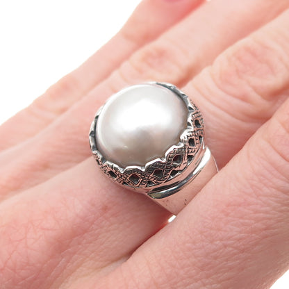 925 Sterling Silver Vintage WW Hong Kong Real Pearl Crown Oxidized Ring Size 8