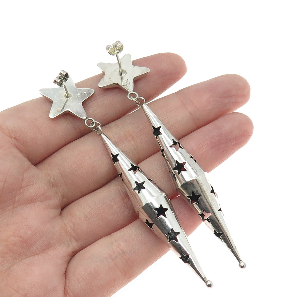 925 Sterling Silver Vintage Modernist Shadow Box Star Dangle Earrings