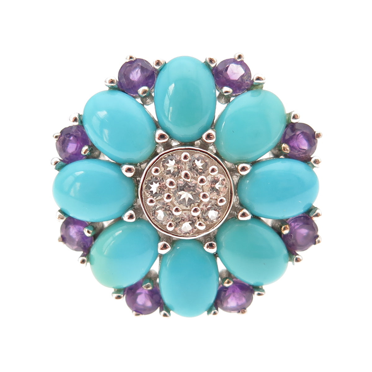 925 Sterling Silver Real Sleeping Beauty Turquoise Amethyst Topaz Ring Size 8.25