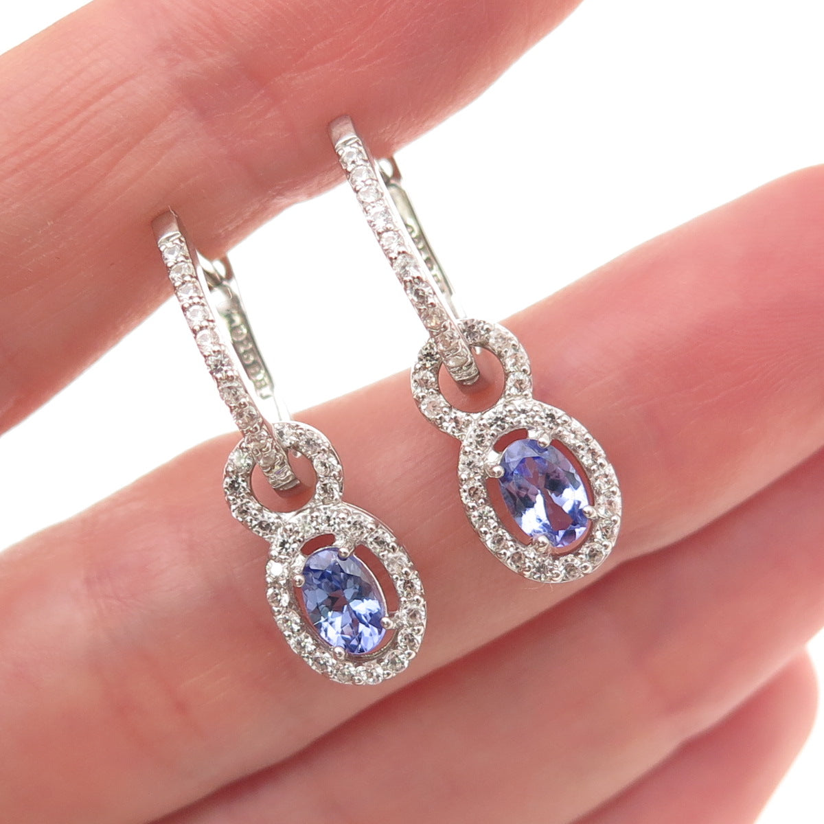 925 Sterling Silver Real Tanzanite & White Topaz Dangle Charm Hoop Earrings