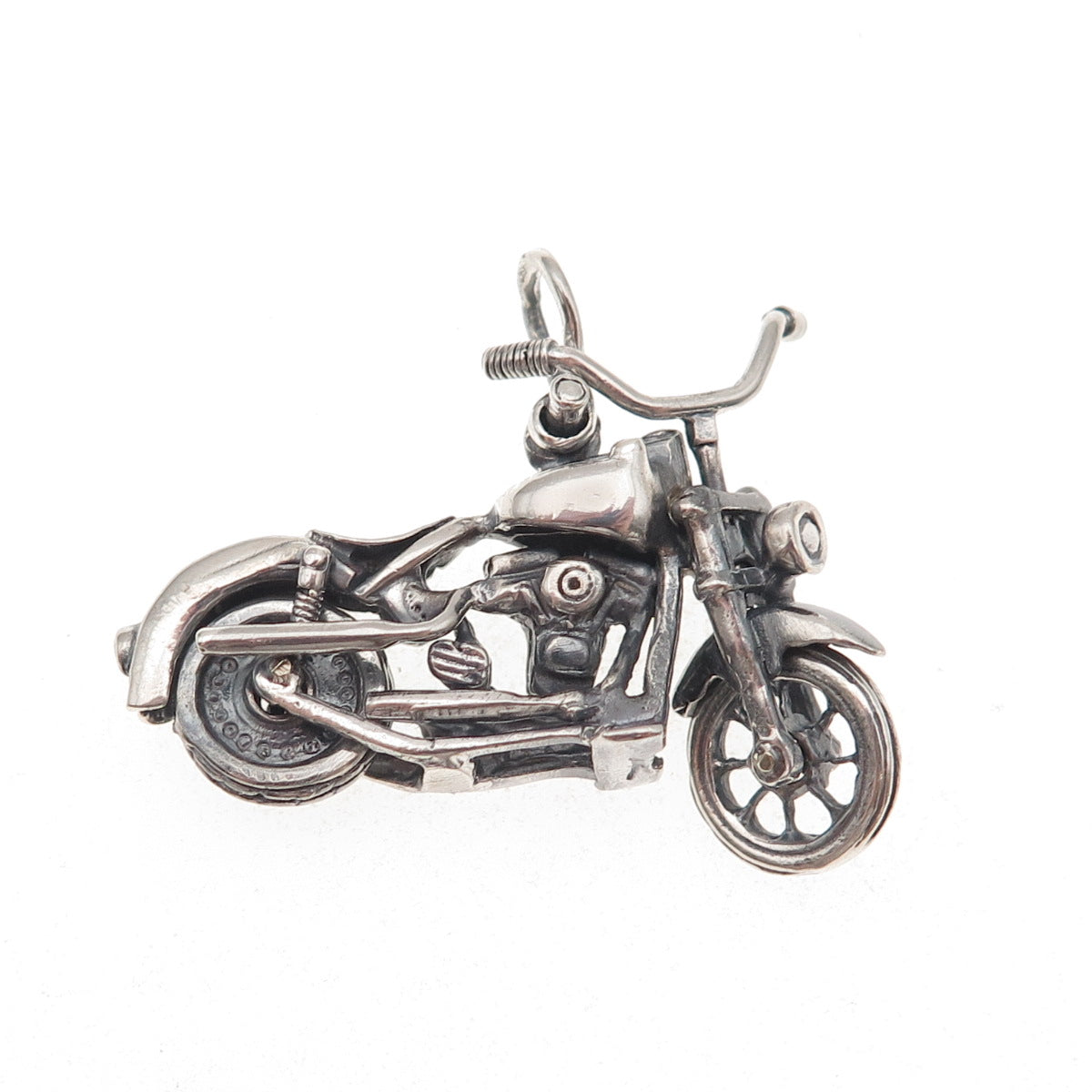925 Sterling Silver Vintage Motorcycle Oxidized 3D Movable Charm Pendant