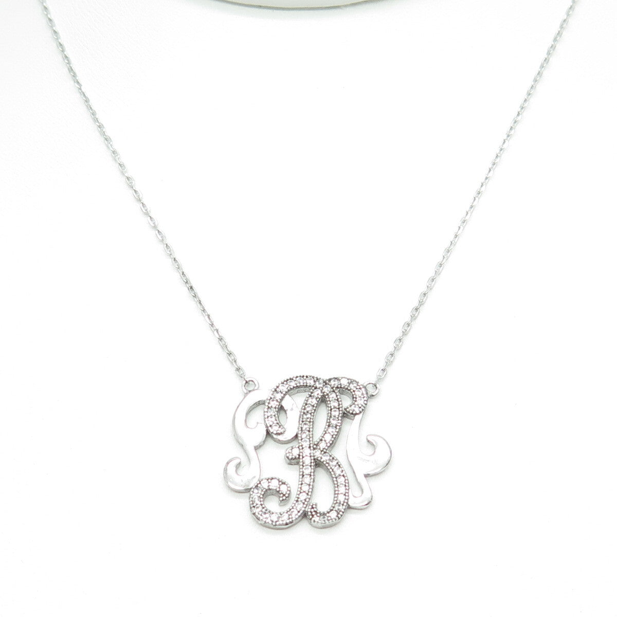 925 Sterling Silver Round-Cut C Z Letter "B" Ornate Cable Chain Necklace 16-18"
