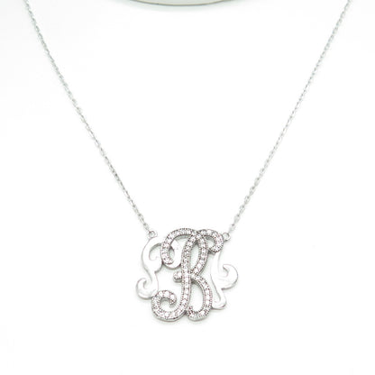 925 Sterling Silver Round-Cut C Z Letter "B" Ornate Cable Chain Necklace 16-18"