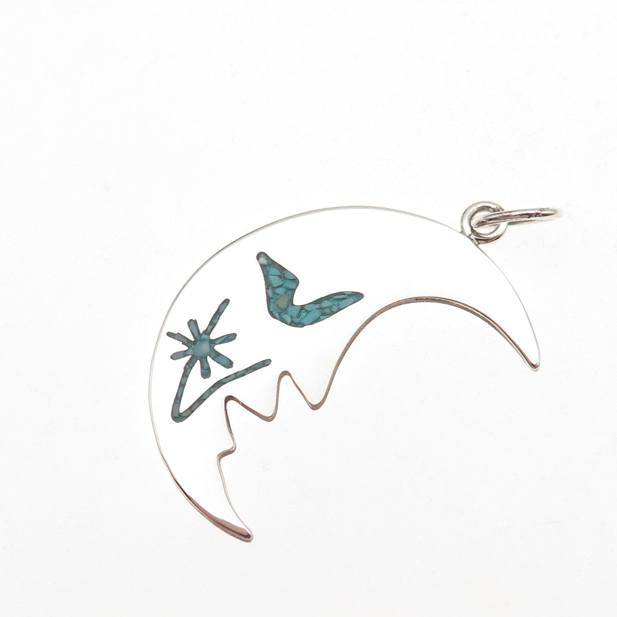 925 Sterling Silver Vintage Real Turquoise Inlay Crescent Charm Pendant