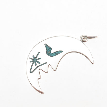 925 Sterling Silver Vintage Real Turquoise Inlay Crescent Charm Pendant