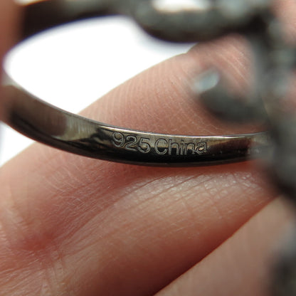 925 Sterling Silver Round-Cut Diamond Heart Floral Black Rhodium Ring Size 8.25