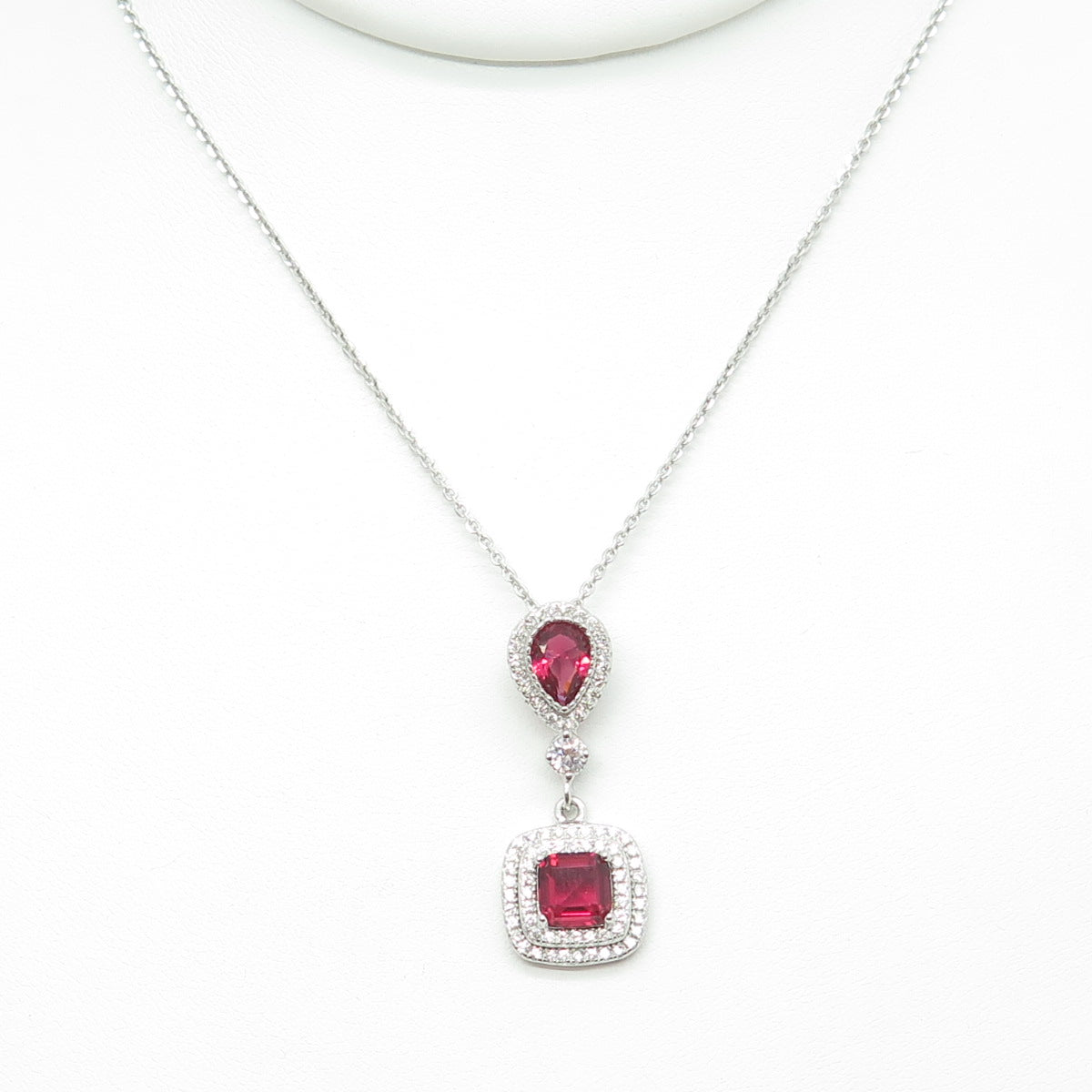 925 Sterling Silver Multi-Cut Pink & White C Z Cable Chain Necklace 16"