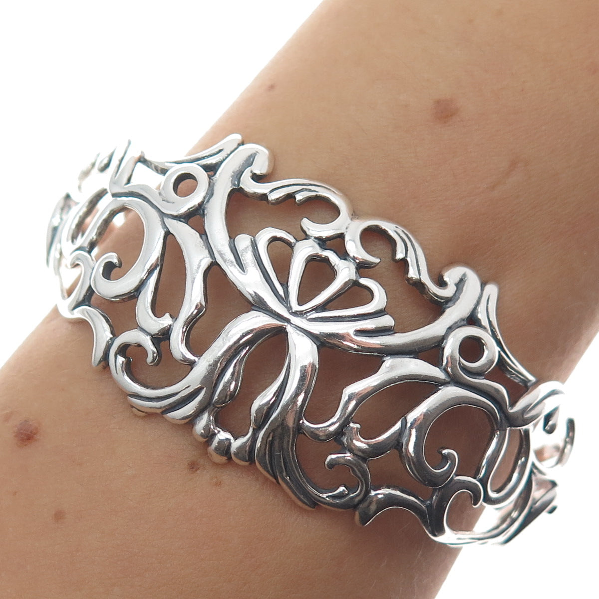 CAROLYN POLLACK Sterling Silver Vintage Flower Ornate Adjustable Bracelet 6.75"