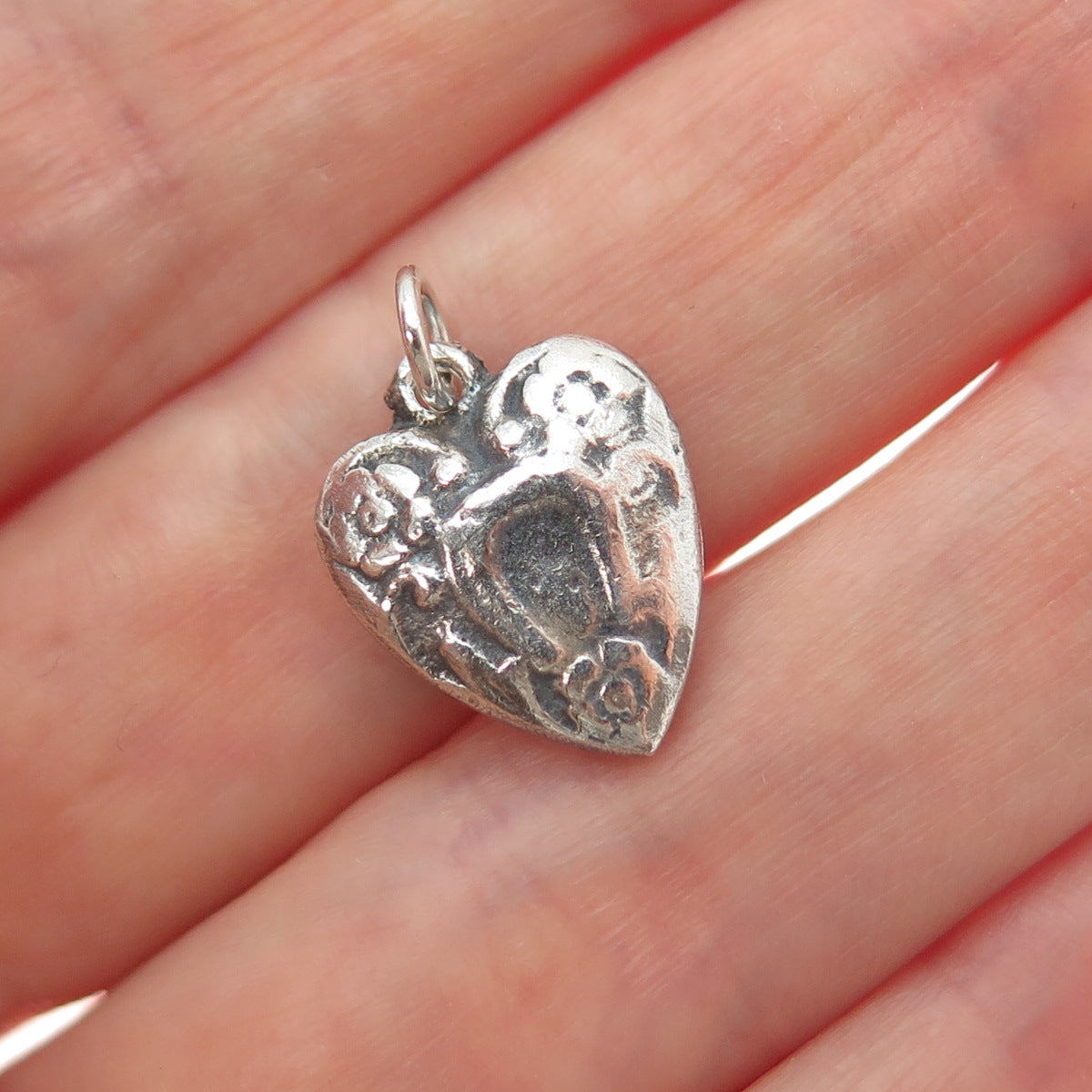 925 Sterling Silver Antique Floral Heart Oxidized Chatelaine Minimalist Pendant